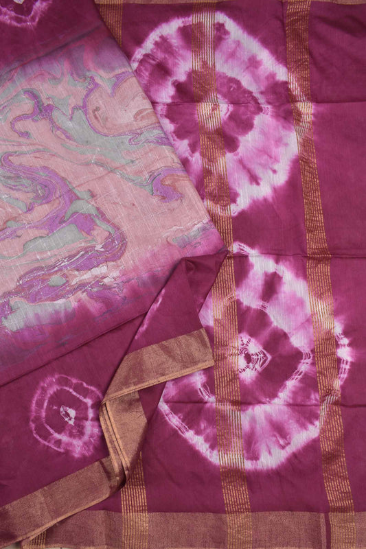 Burgundy Bengal Cotton Batik Style Zari Border Saree