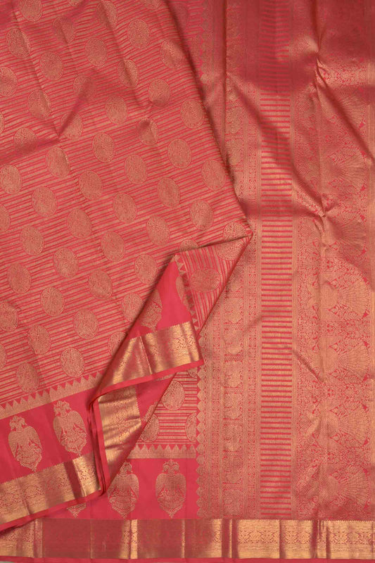 Golden Pink Kanchipuram Bridal Pure Silk Fancy Stripes Annam Butta IruthalaiPakshi Border Saree NAA120