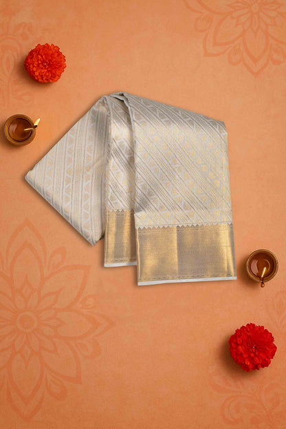 Off White Kanchipuram Bridal Pure Silk Fancy Cross Stripes Golden Zari Border Saree NAA119