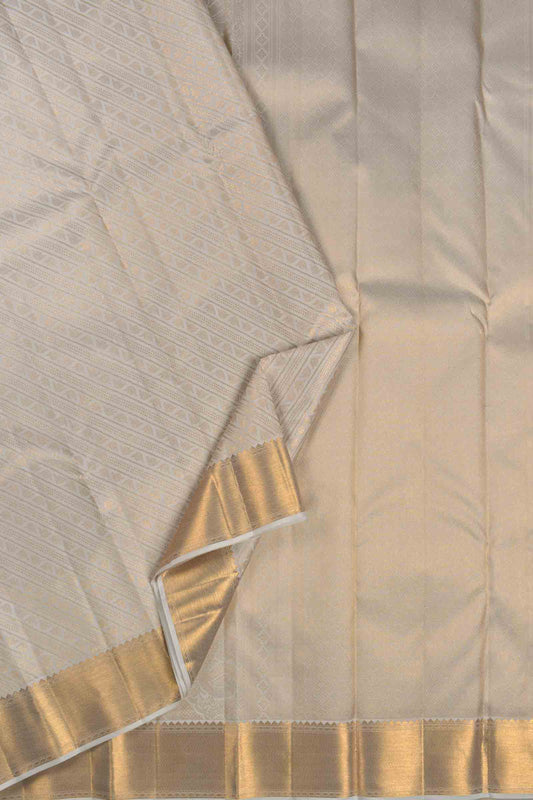 Off White Kanchipuram Bridal Pure Silk Fancy Cross Stripes Golden Zari Border Saree NAA119