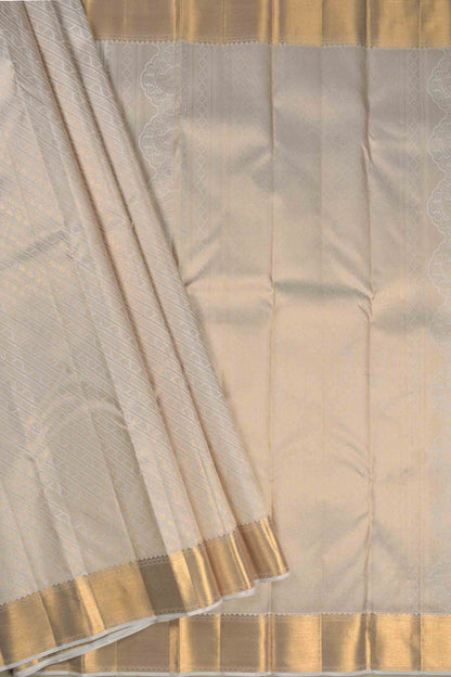Off White Kanchipuram Bridal Pure Silk Fancy Cross Stripes Golden Zari Border Saree NAA119