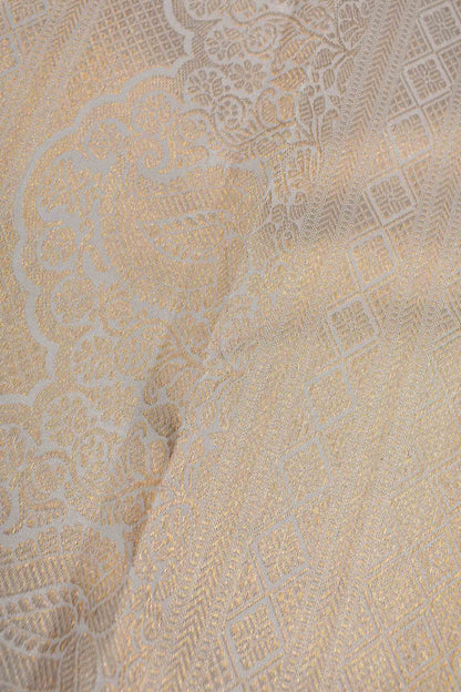 Off White Kanchipuram Bridal Pure Silk Fancy Cross Stripes Golden Zari Border Saree NAA119