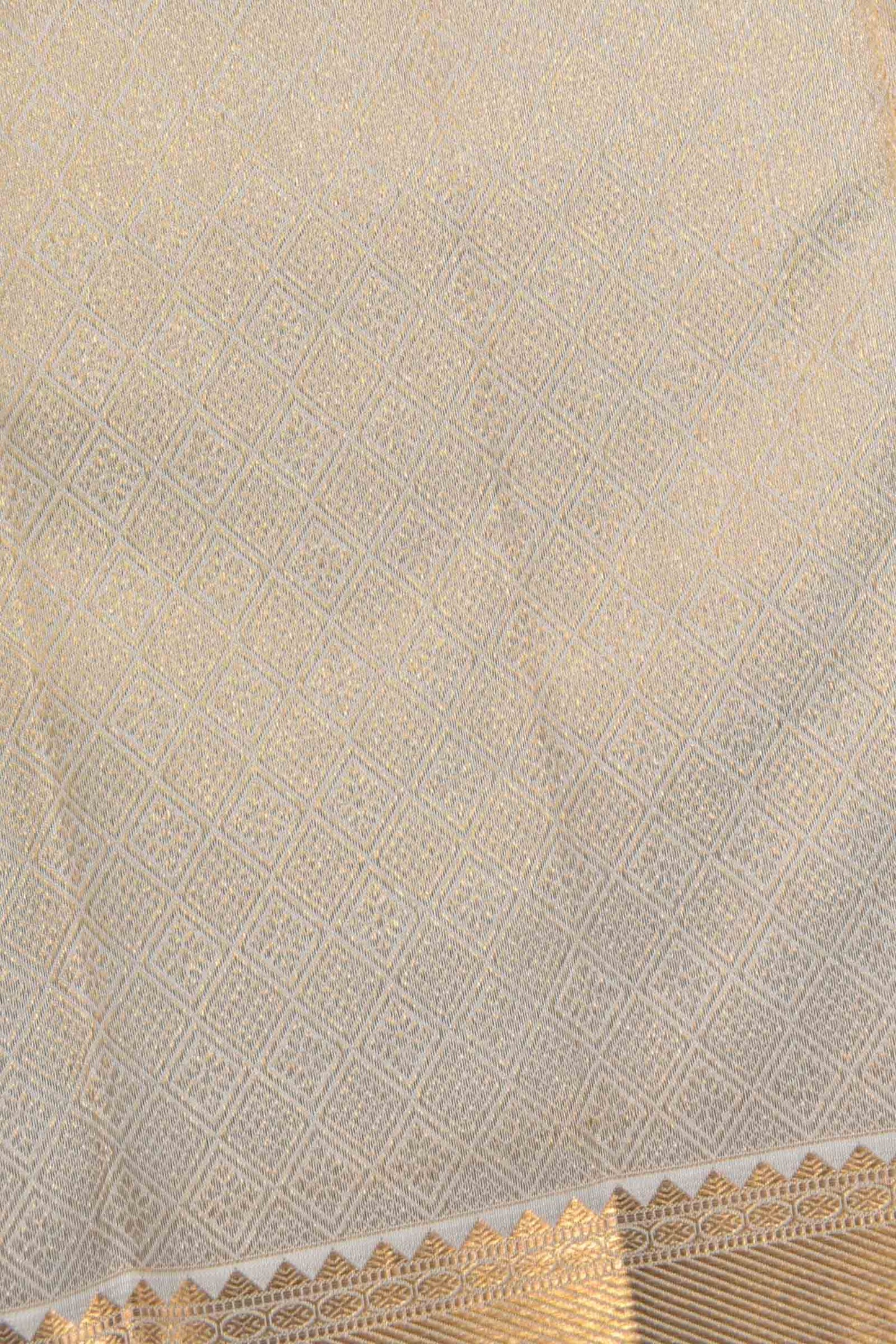 Off White Kanchipuram Bridal Pure Silk Fancy Cross Stripes Golden Zari Border Saree NAA119