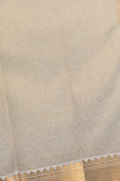 Off White Kanchipuram Bridal Pure Silk Fancy Cross Stripes Golden Zari Border Saree NAA119