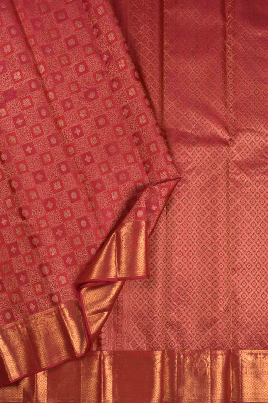 Golden Maroon Pink Kanchipuram Bridal Pure Silk Traditional Butta Frames Golden Border Pallu Saree NAA118