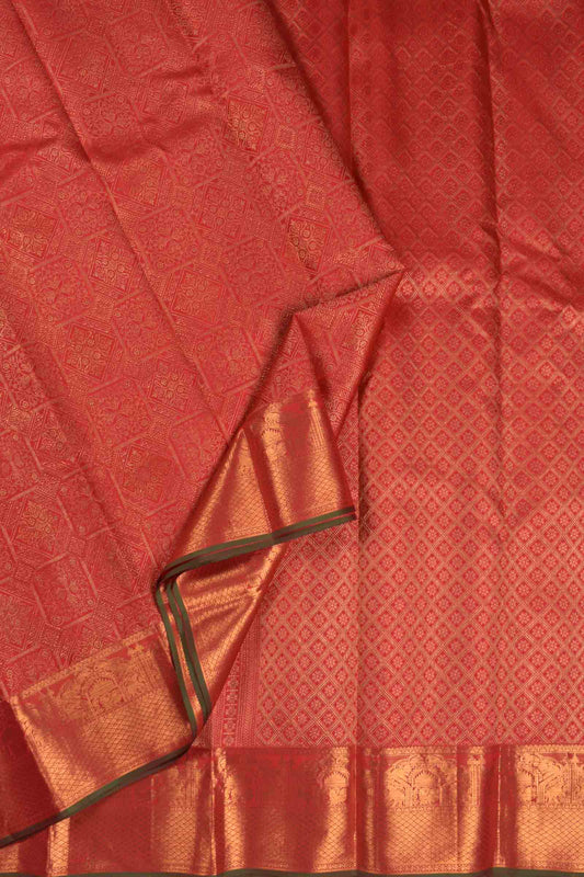 Golden Red Kanchipuram Bridal Pure Silk Zari Border Saree NAA176