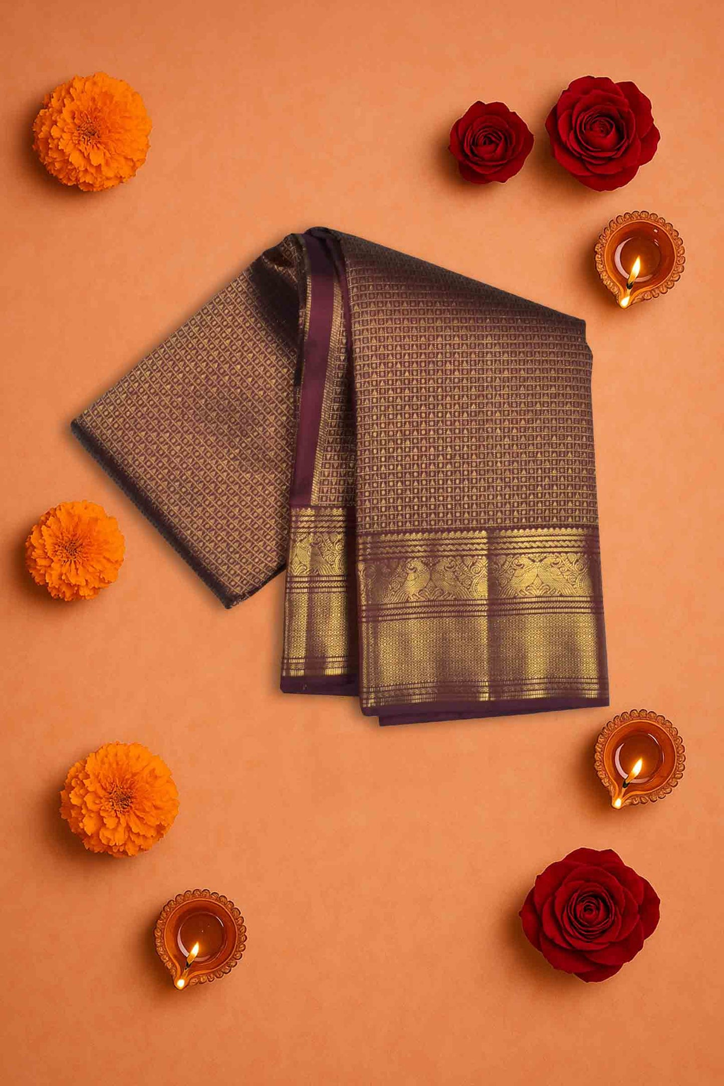 Deep Plum Maroon Kanchipuram Bridal Pure Silk  Mini Intricate Checks Golden Zari Border Saree NAA101
