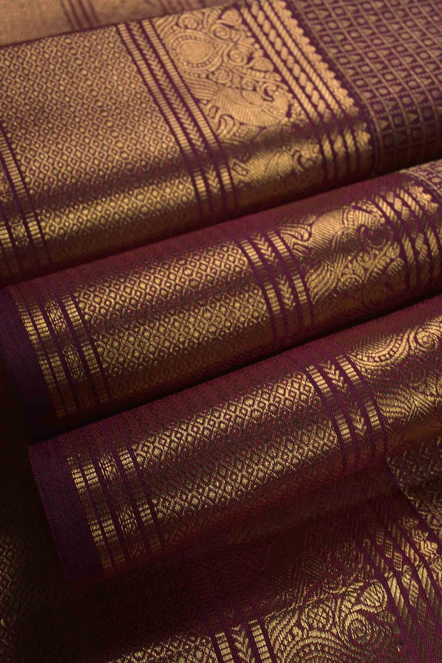 Deep Plum Maroon Kanchipuram Bridal Pure Silk  Mini Intricate Checks Golden Zari Border Saree NAA101