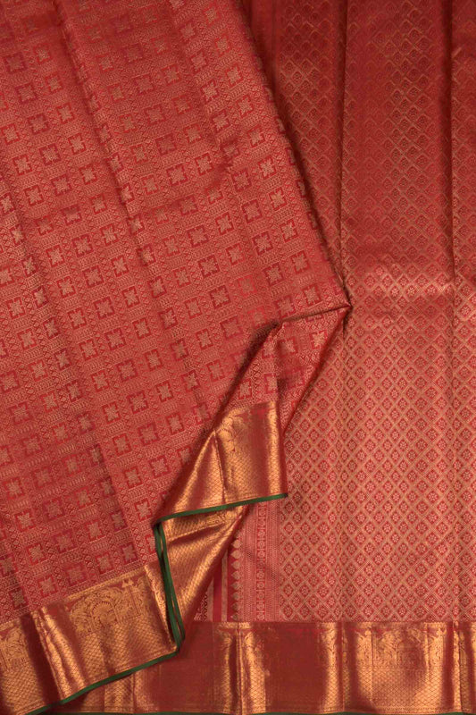 Golden Red With Maroon Kanchipuram Bridal Pure Silk Zari Floral Frames Golden Zari Border Saree NAA102