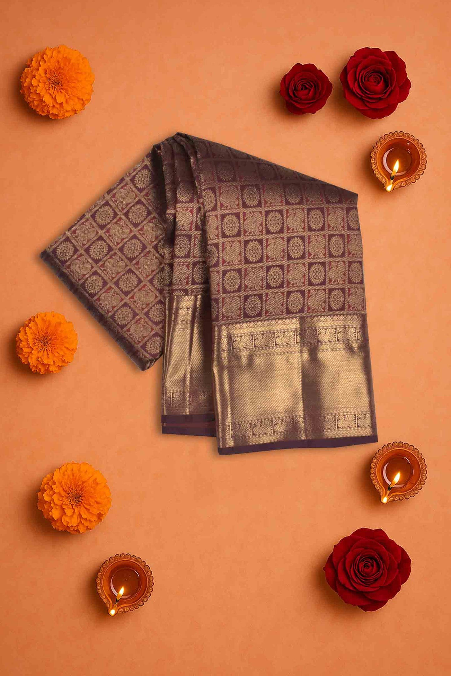 Deep Maroon Kanchipuram Bridal Pure Silk Annam Rudraksh Checks Golden Zari Border Saree