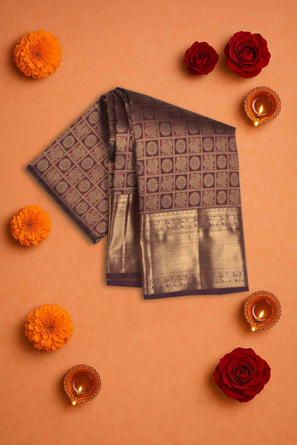Deep Maroon Kanchipuram Bridal Pure Silk Annam Rudraksh Checks Golden Zari Border Saree