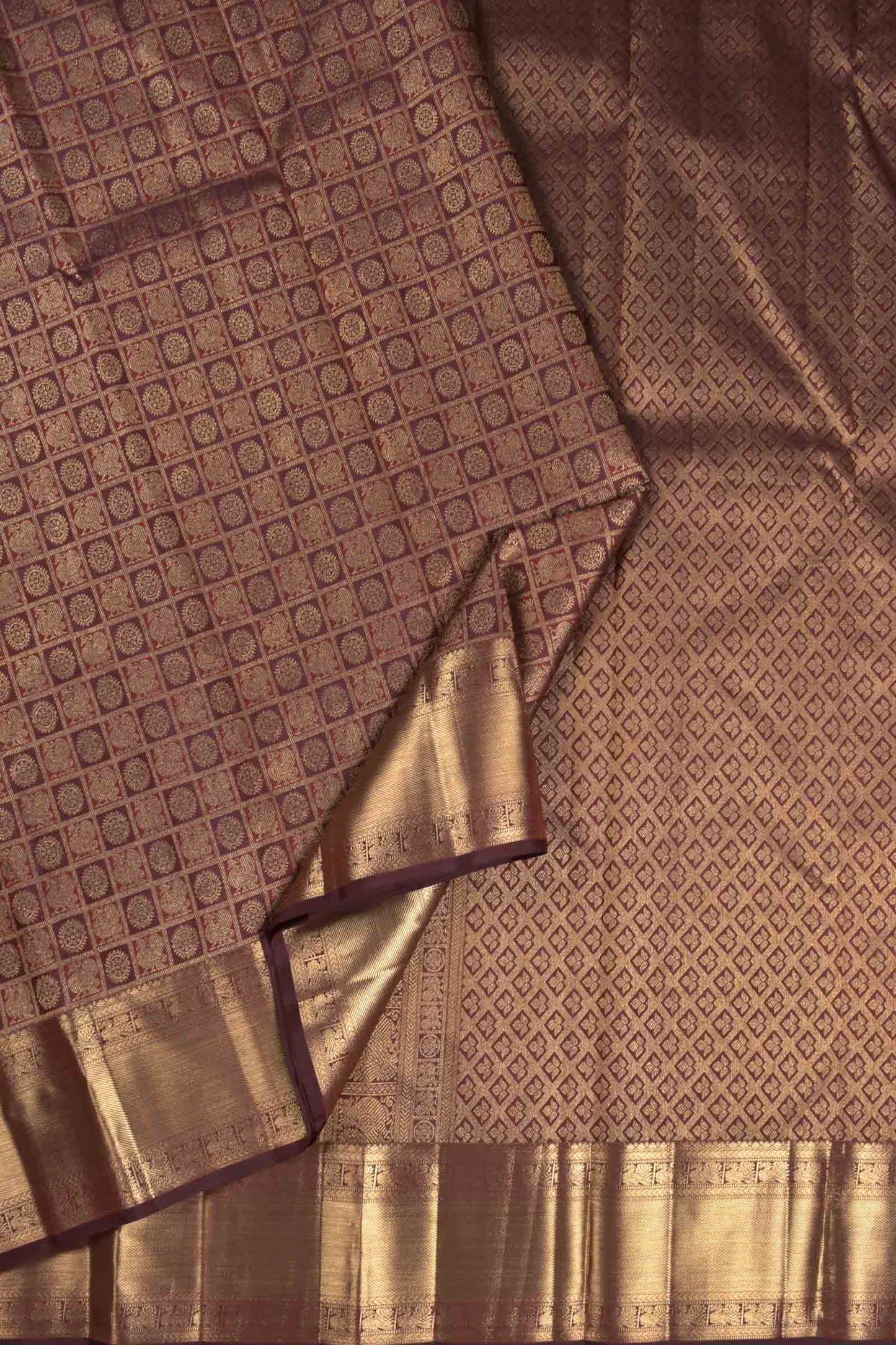 Deep Maroon Kanchipuram Bridal Pure Silk Annam Rudraksh Checks Golden Zari Border Saree