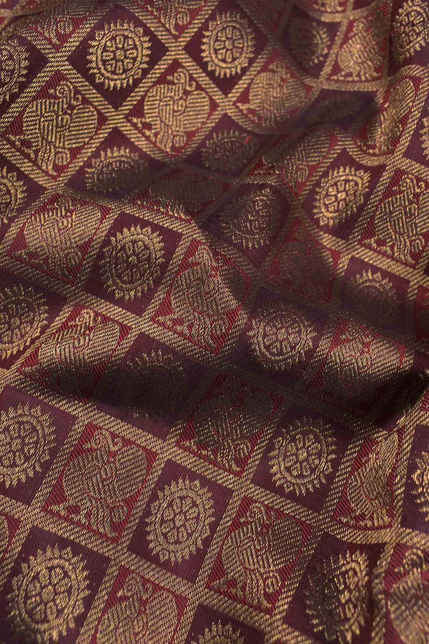 Deep Maroon Kanchipuram Bridal Pure Silk Annam Rudraksh Checks Golden Zari Border Saree
