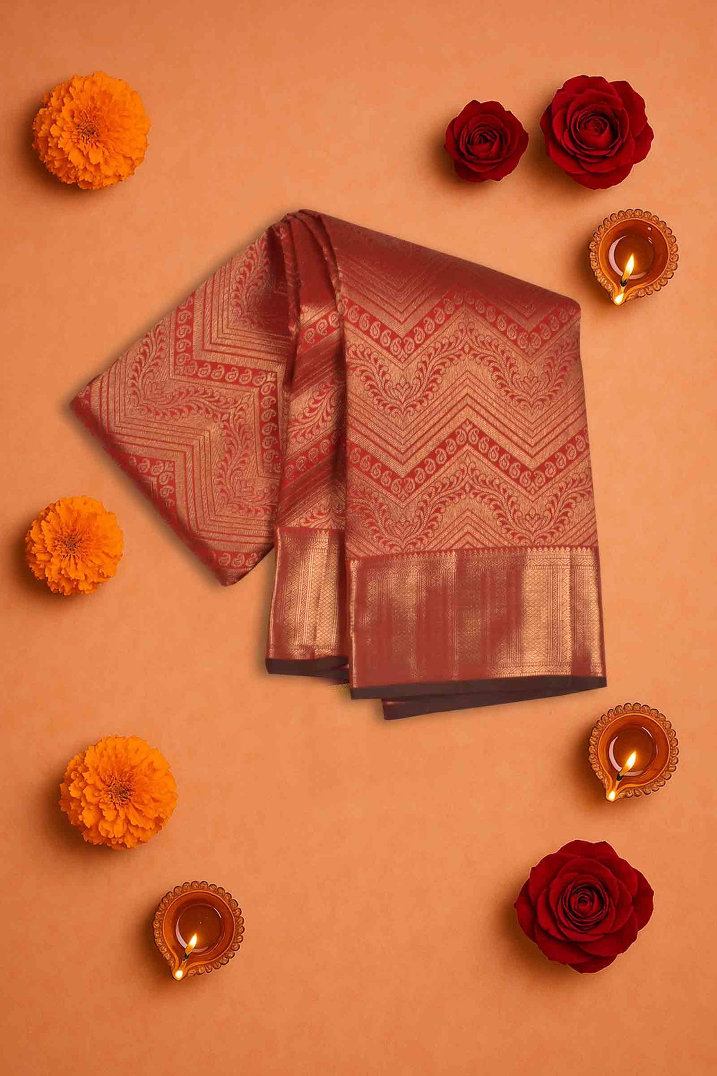 Golden Red Kanchipuram Bridal Pure Silk  Waves Jacquard Golden Zari Border Saree NAA103