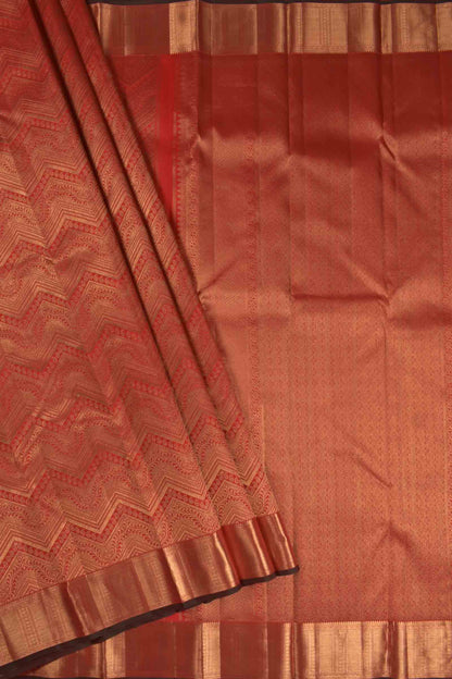 Golden Red Kanchipuram Bridal Pure Silk  Waves Jacquard Golden Zari Border Saree NAA103