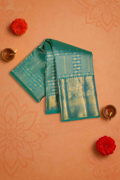 Golden Green Blue Kanchipuram Bridal Pure Silk Golden Zari Border Saree NAA117