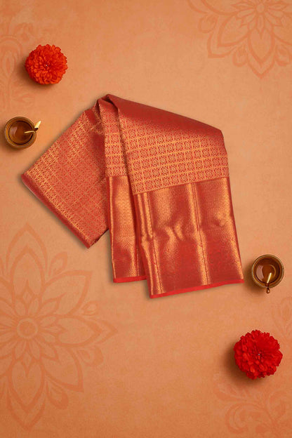 Golden Red Kanchipuram Bridal Pure Silk Traditional Checks Golden Zari Border Saree NAA114