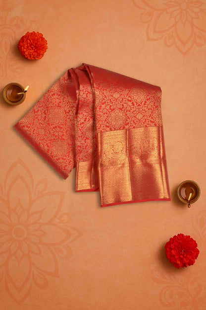 Golden Pure Red Kanchipuram Bridal Pure Silk Intricate Jacquard Golden Border Saree NAA115