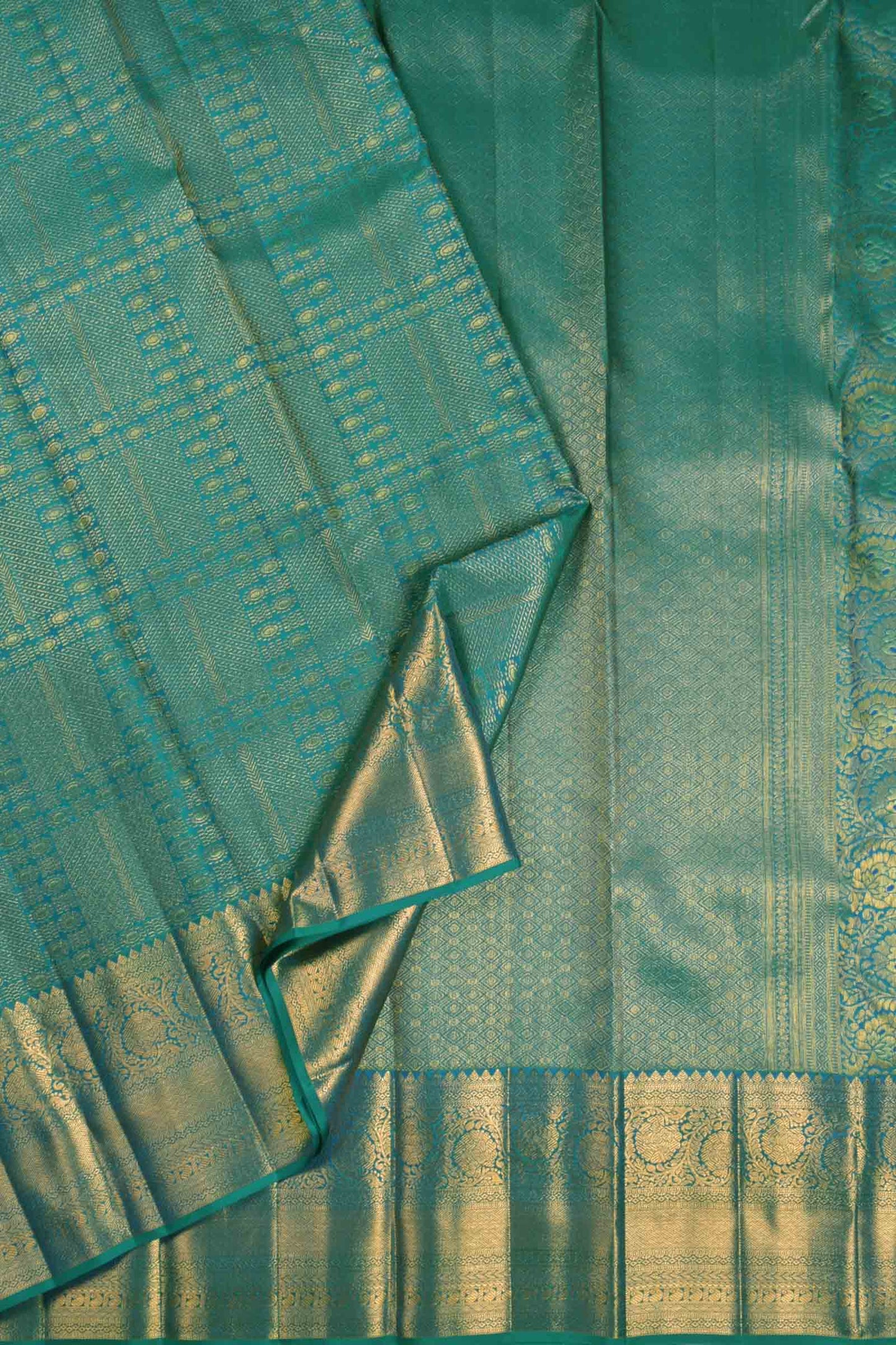 Golden Green Blue Kanchipuram Bridal Pure Silk Golden Zari Border Saree NAA117