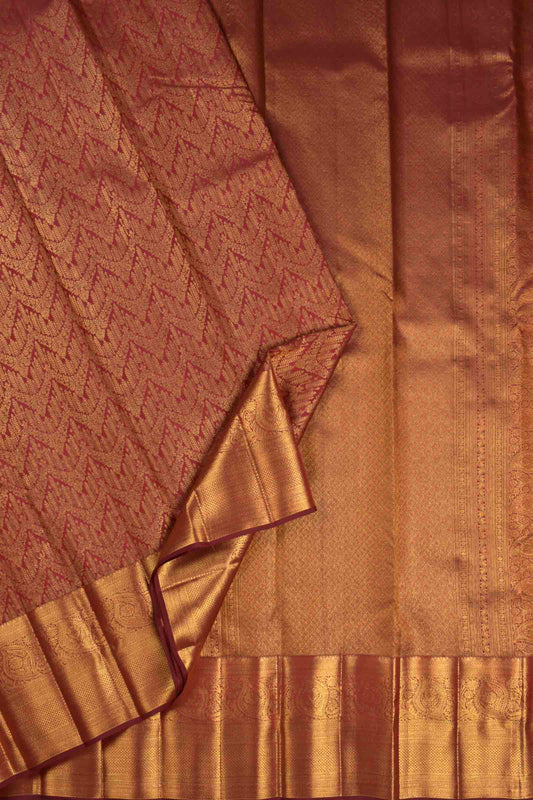 Golden Maroon Kanchipuram Bridal Pure Silk Golden Waves Zari Border Saree NAA112
