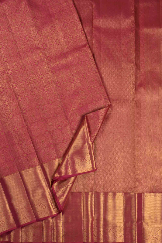 Golden Pink Kanchipuram Bridal Pure Silk  Rich Jacquard Golden Zari Border Saree NAA113