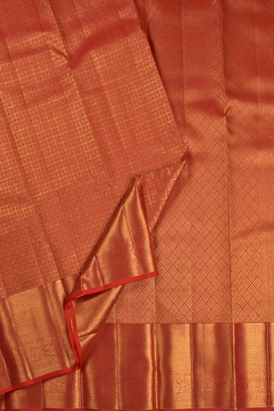 Golden Red Kanchipuram Bridal Pure Silk Traditional Checks Golden Zari Border Saree NAA114
