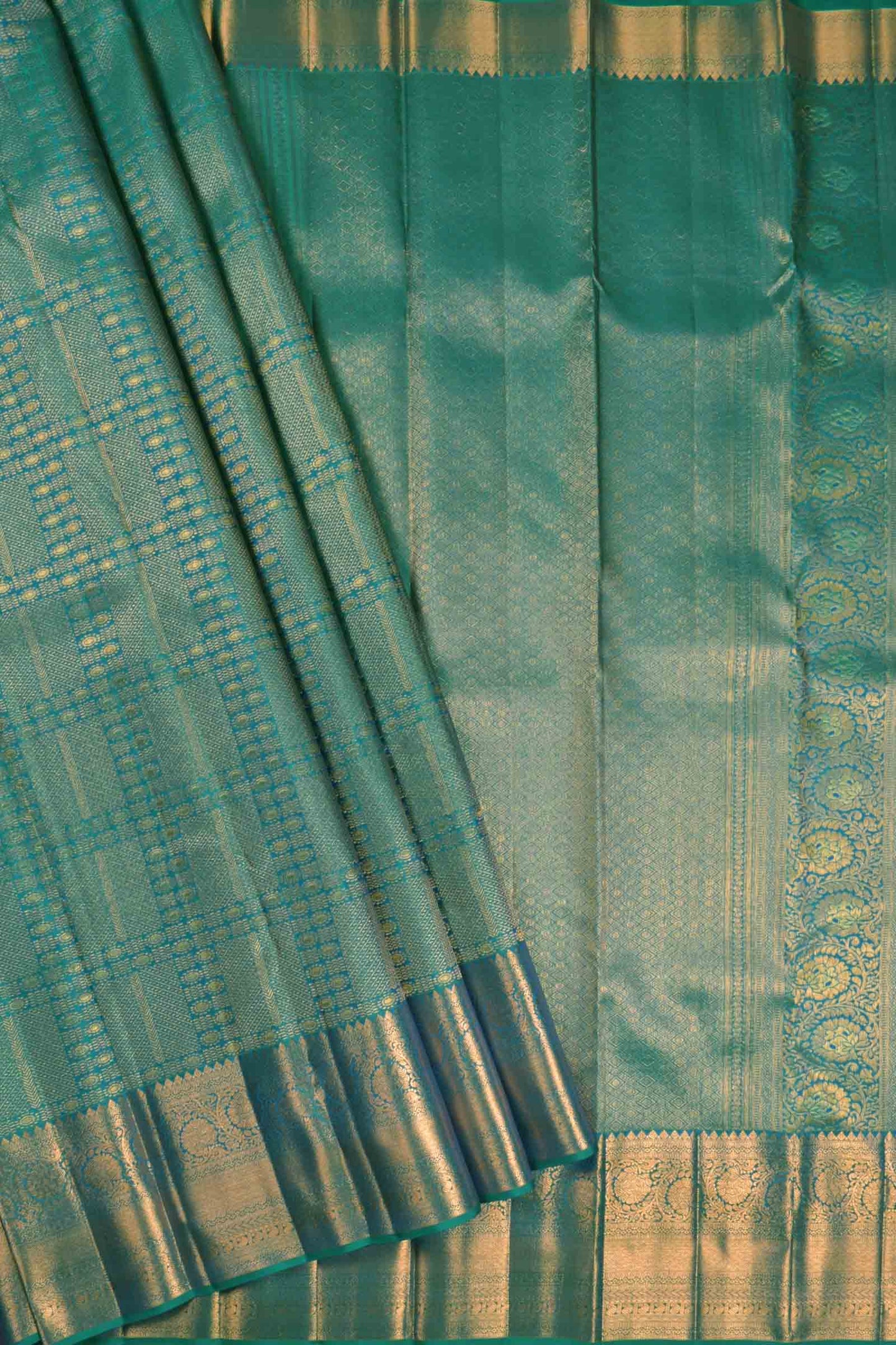 Golden Green Blue Kanchipuram Bridal Pure Silk Golden Zari Border Saree NAA117