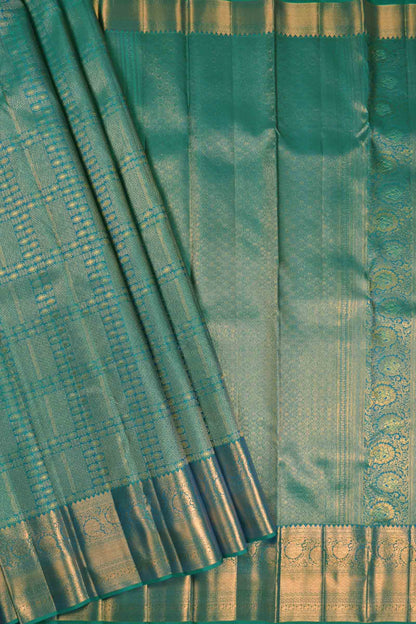 Golden Green Blue Kanchipuram Bridal Pure Silk Golden Zari Border Saree NAA117