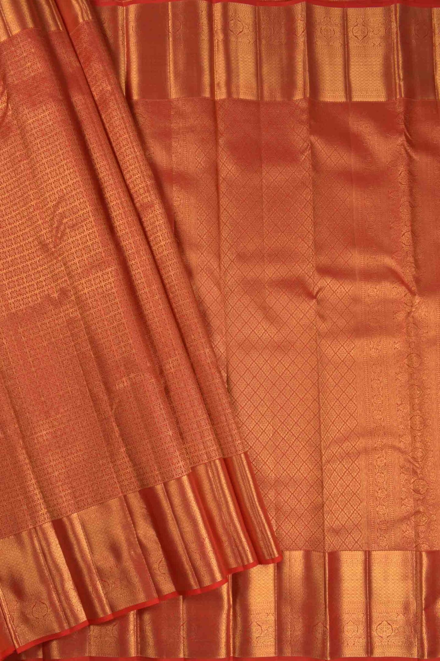 Golden Red Kanchipuram Bridal Pure Silk Traditional Checks Golden Zari Border Saree NAA114