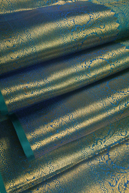Golden Green Blue Kanchipuram Bridal Pure Silk Golden Zari Border Saree NAA117