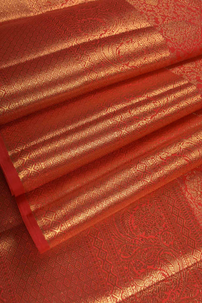 Golden Pure Red Kanchipuram Bridal Pure Silk Intricate Jacquard Golden Border Saree NAA115