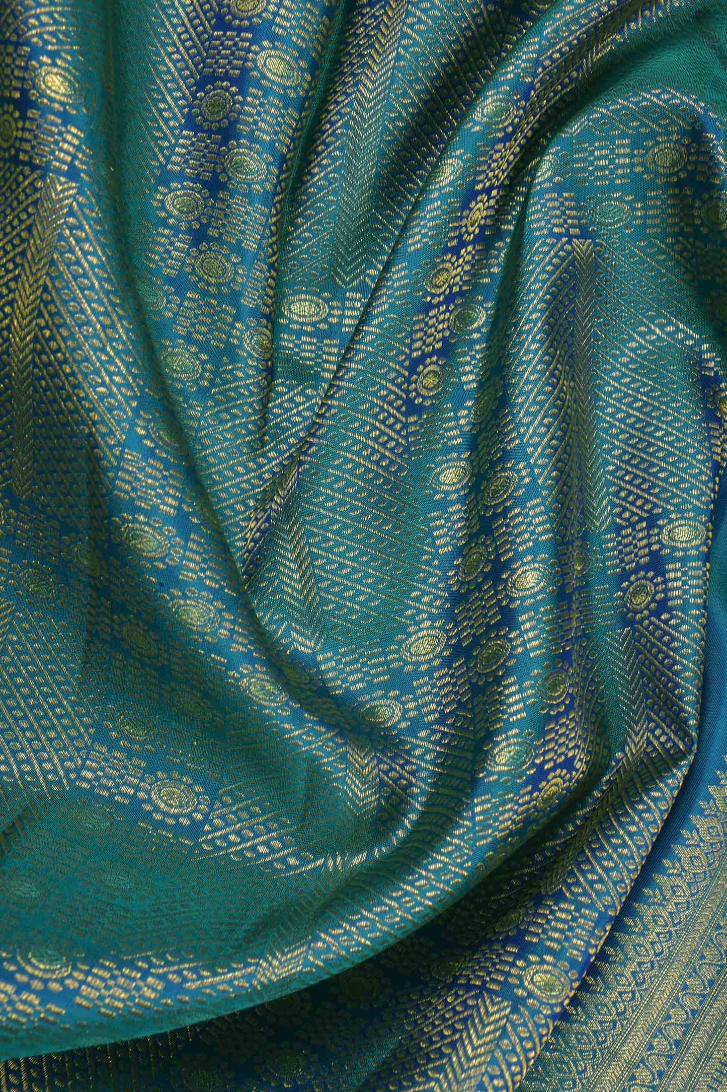 Golden Green Blue Kanchipuram Bridal Pure Silk Golden Zari Border Saree NAA117