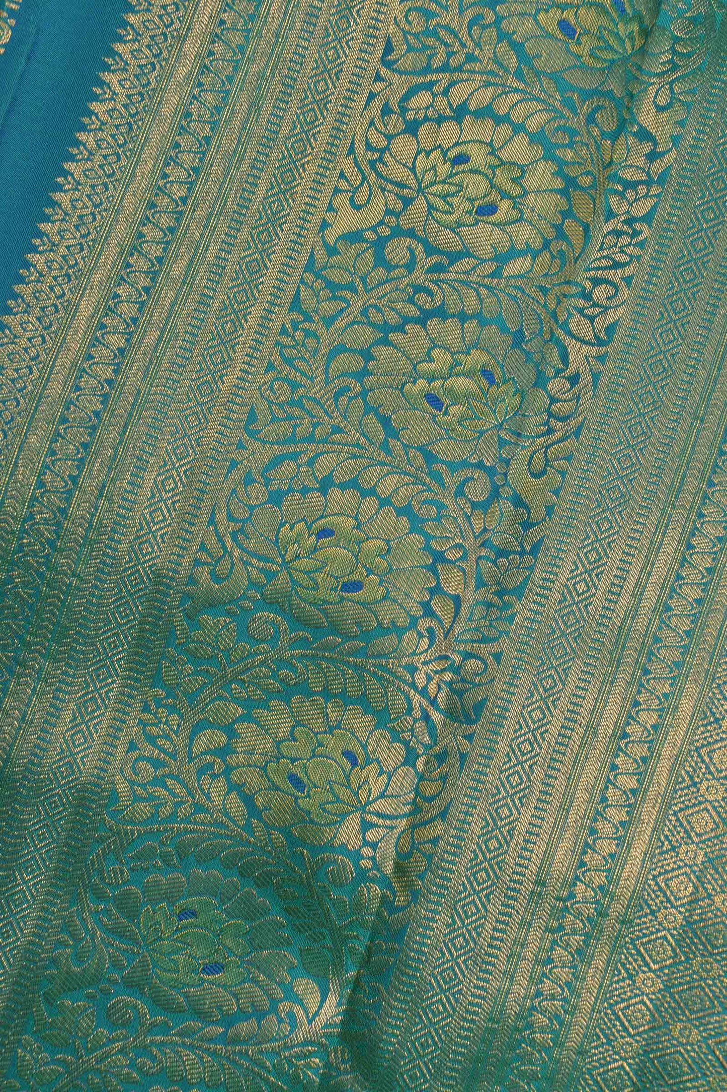 Golden Green Blue Kanchipuram Bridal Pure Silk Golden Zari Border Saree NAA117