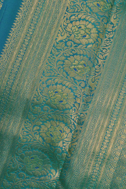 Golden Green Blue Kanchipuram Bridal Pure Silk Golden Zari Border Saree NAA117