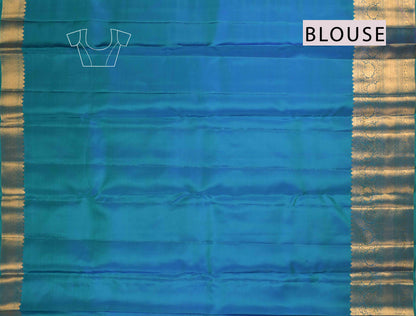 Golden Green Blue Kanchipuram Bridal Pure Silk Golden Zari Border Saree NAA117