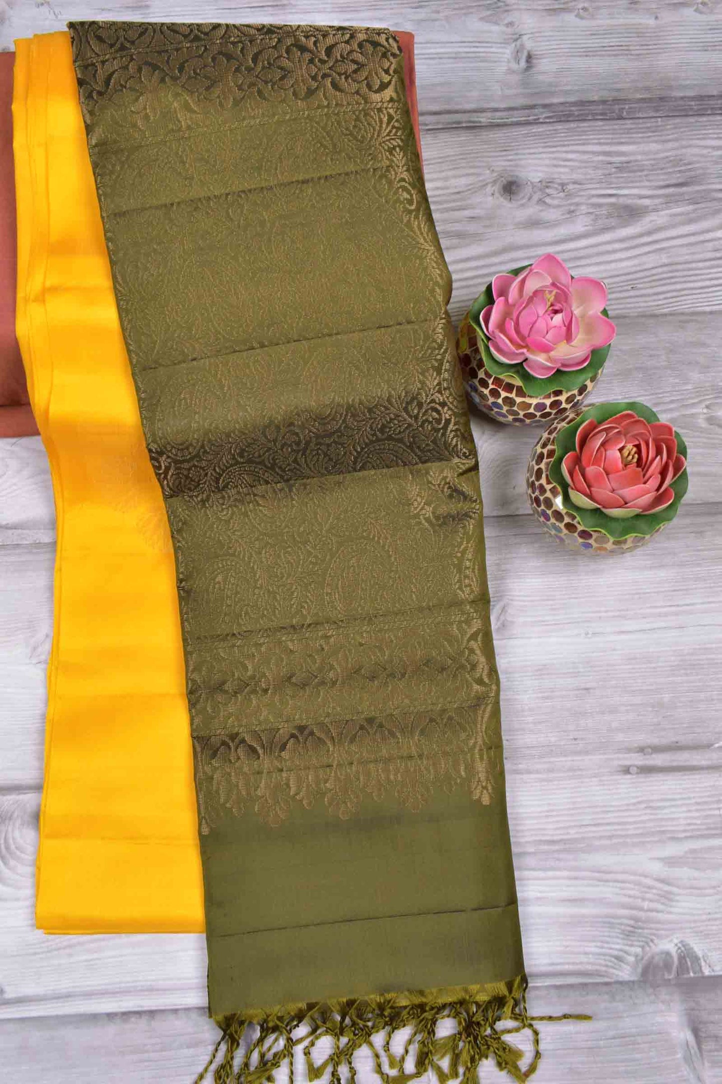 Golden Yellow Body Fancy Tree Butta Contrast Pallu Semi Soft Silk Saree
