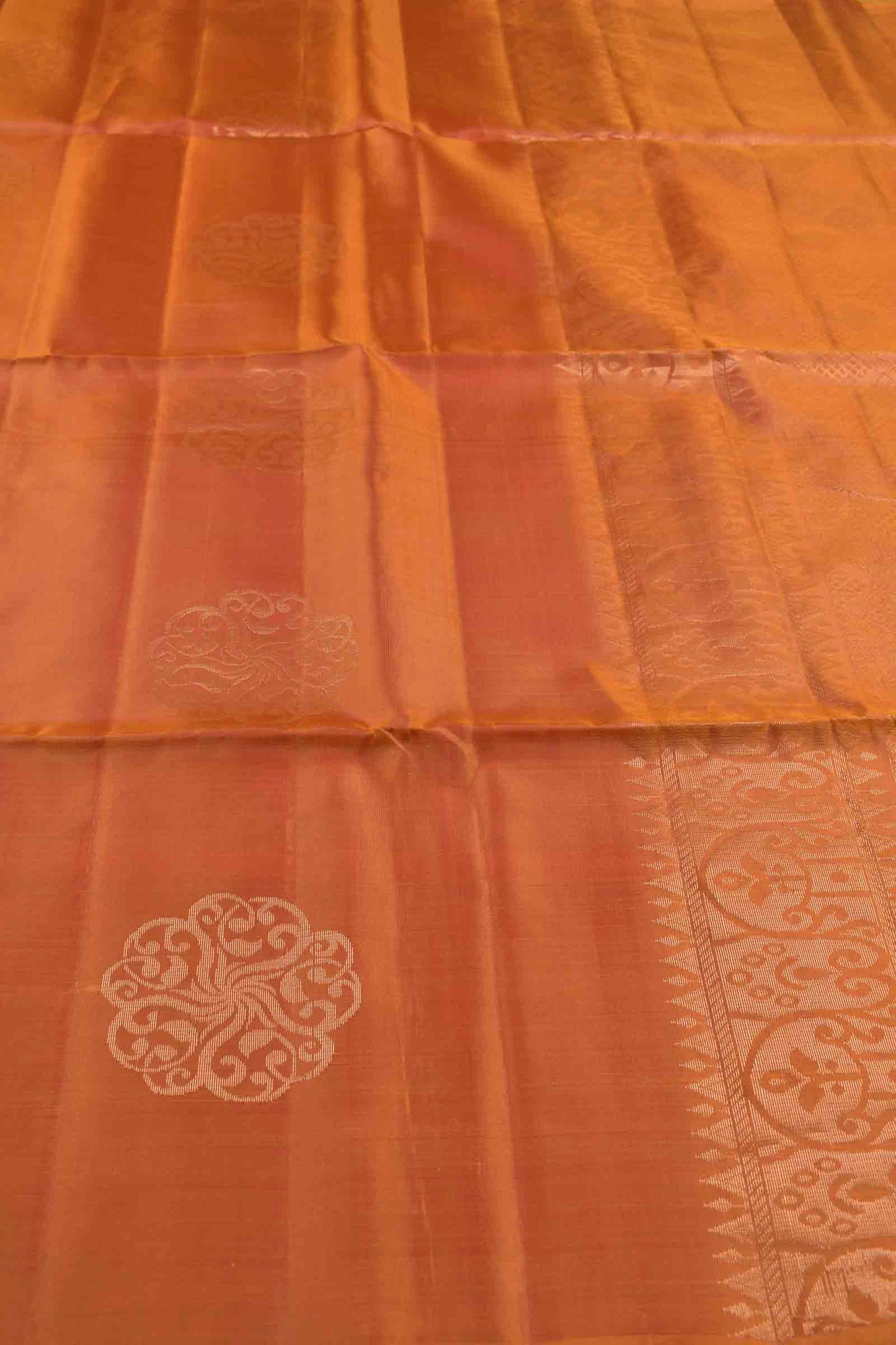 Golden Orange Body Fancy Butta Borderless Semi Soft Silk Saree