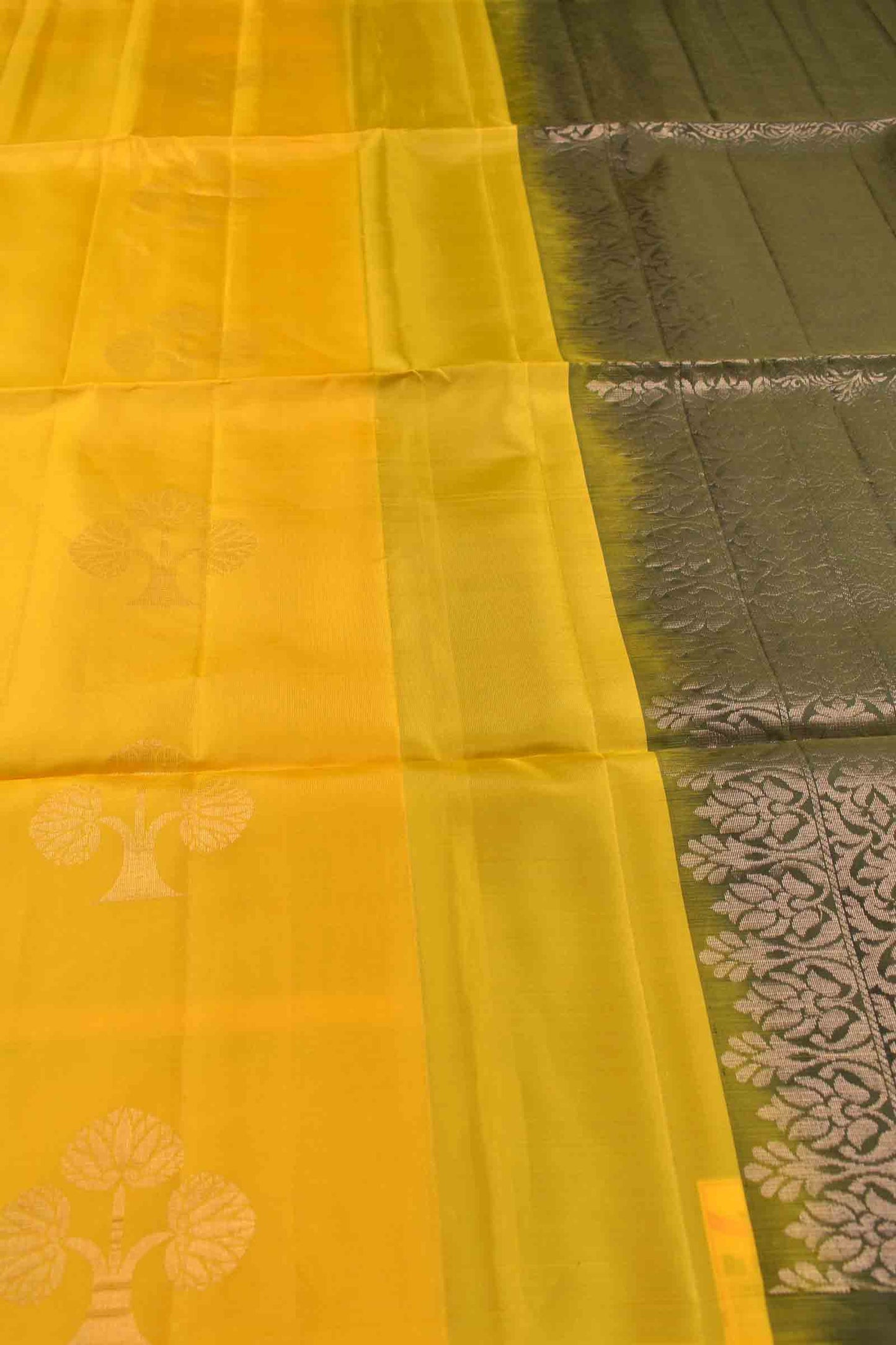 Golden Yellow Body Fancy Tree Butta Contrast Pallu Semi Soft Silk Saree