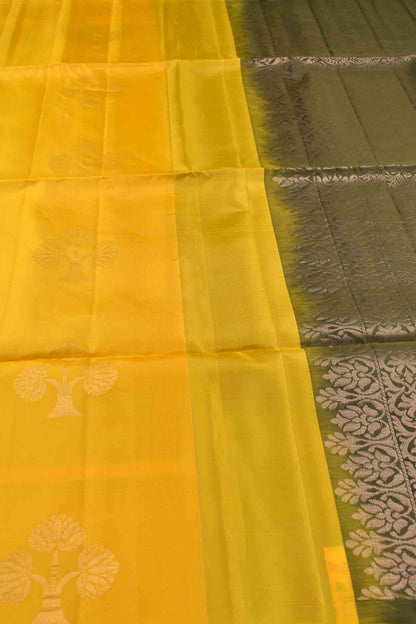 Golden Yellow Body Fancy Tree Butta Contrast Pallu Semi Soft Silk Saree