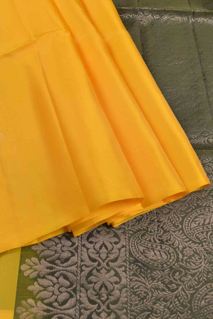 Golden Yellow Body Fancy Tree Butta Contrast Pallu Semi Soft Silk Saree