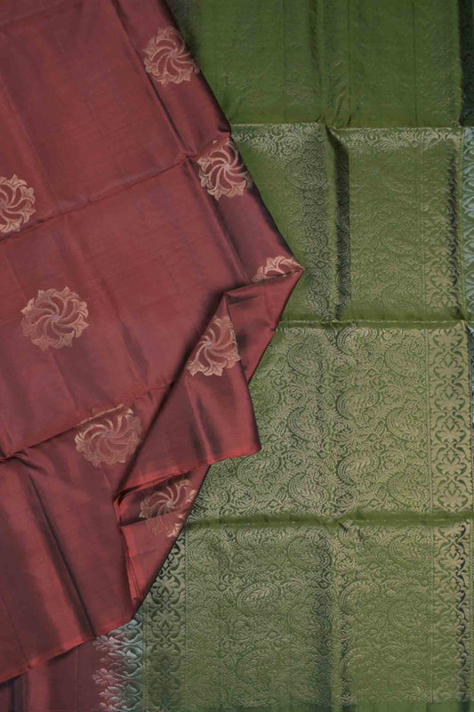 Maroon Fancy Spinning Wheel Butta Olive Green Mango Pallu Semi Soft Silk Saree