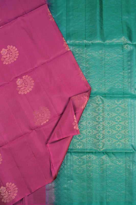 Golden Dark Pink Body Fancy Butta Contrast Pallu Semi Soft Silk Saree