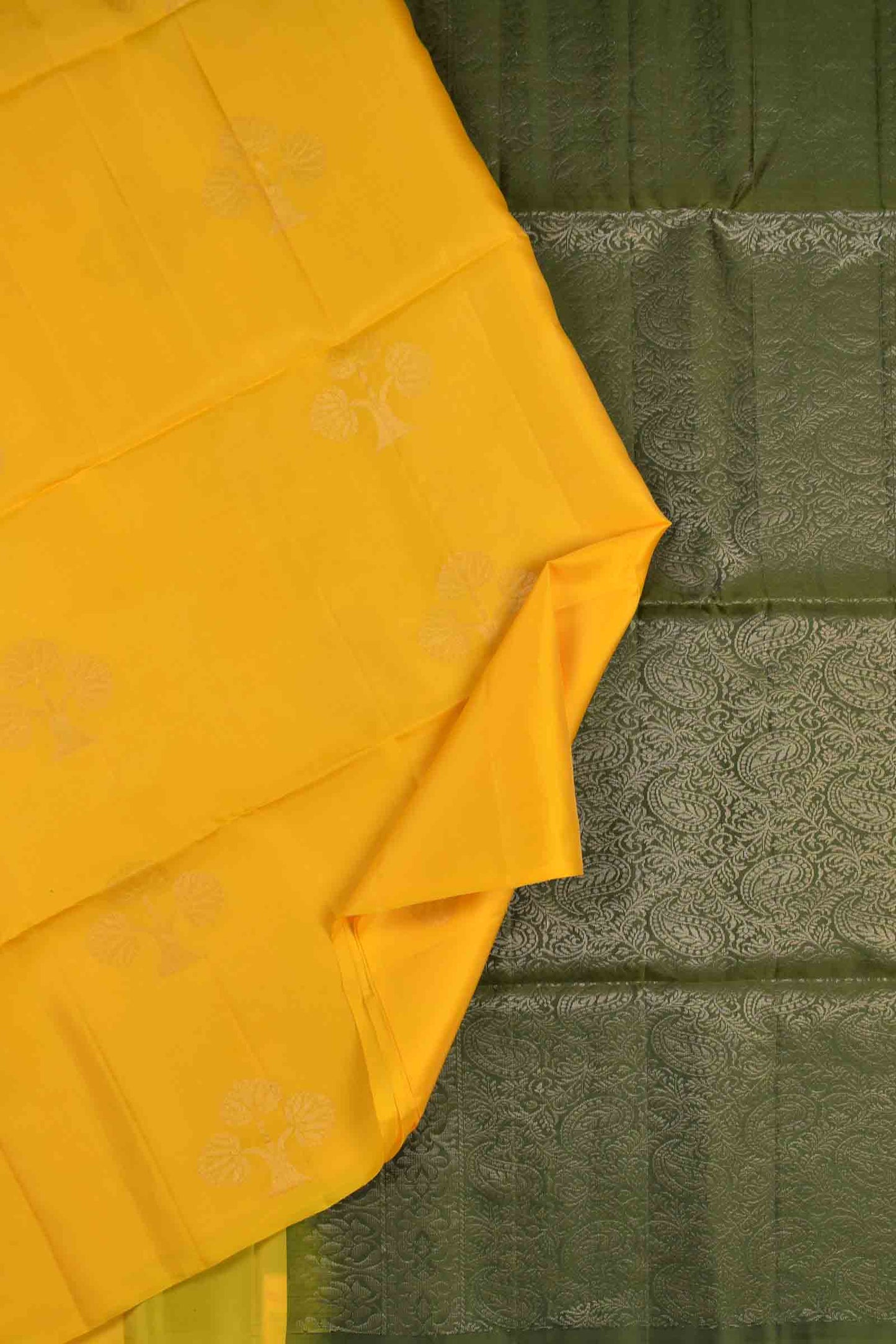 Golden Yellow Body Fancy Tree Butta Contrast Pallu Semi Soft Silk Saree