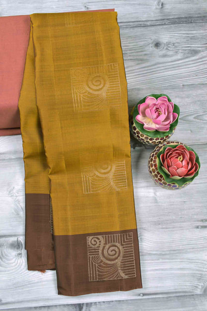 Mustard Yellow Body Fancy Frames Butta Contrast Border Pallu Semi Soft Silk Saree