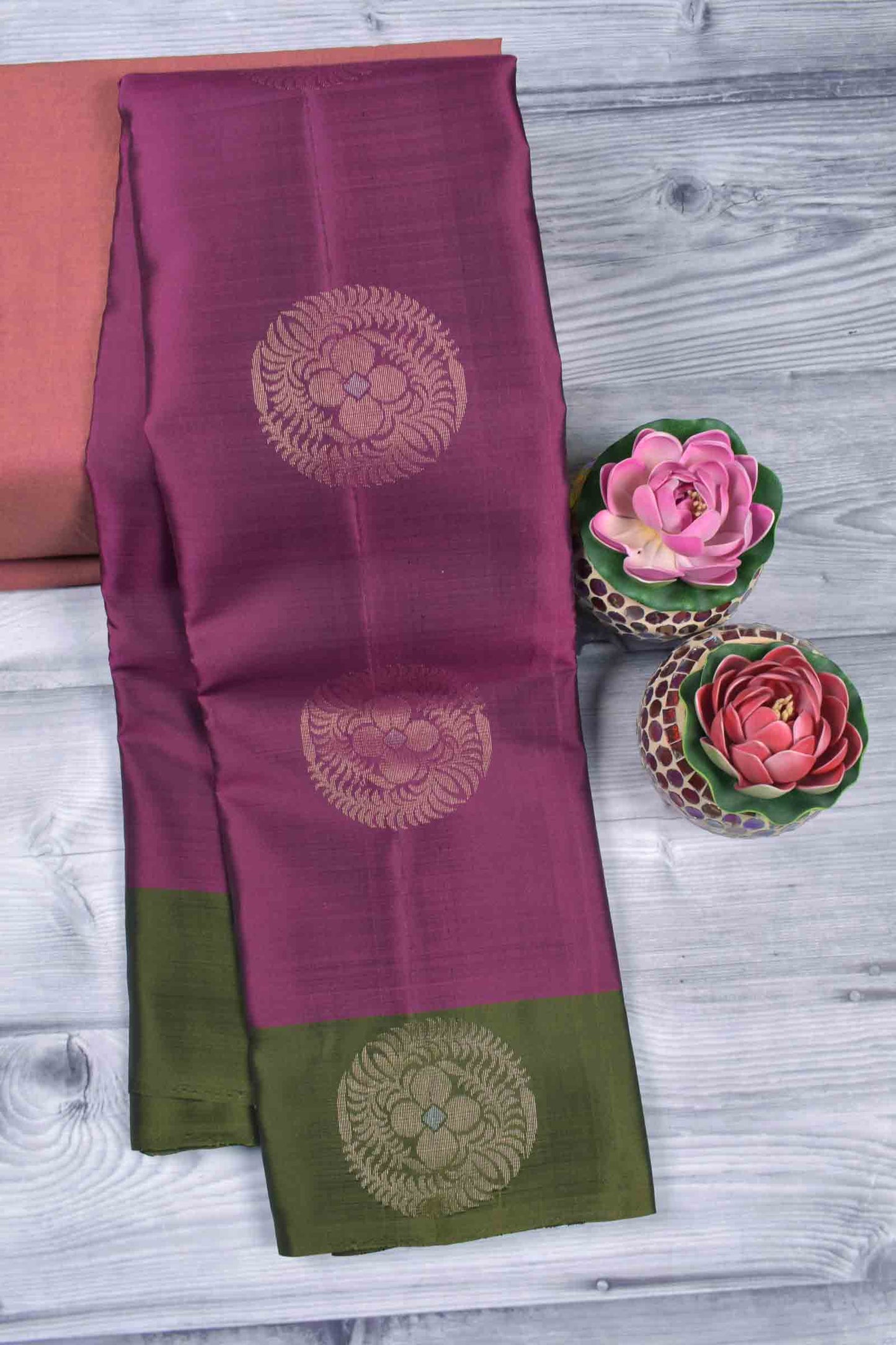 Burgundy Body Fancy Butta Olive Green Border Pallu Semi Soft Silk Saree
