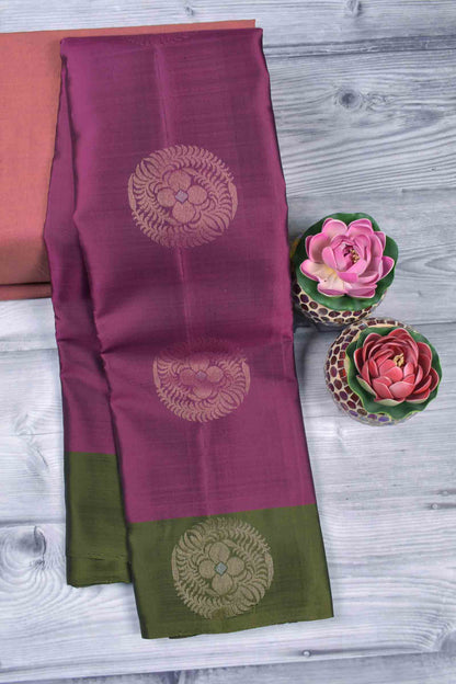 Burgundy Body Fancy Butta Olive Green Border Pallu Semi Soft Silk Saree