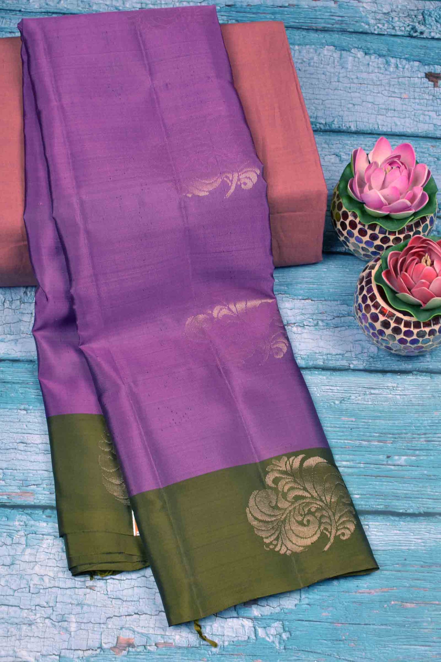 Violet Body Fancy Florlas Dark Olive Green Border Pallu Semi Soft Silk Saree