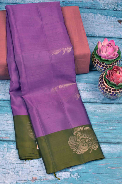 Violet Body Fancy Florlas Dark Olive Green Border Pallu Semi Soft Silk Saree