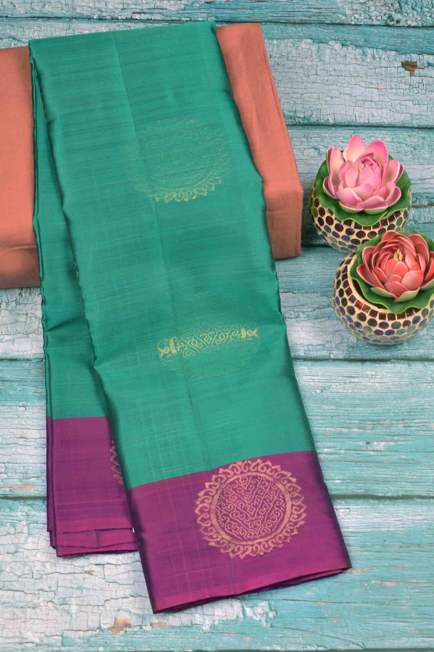 Blue Green Body Chakra Butta Purple Border Pallu Semi Soft Silk Saree
