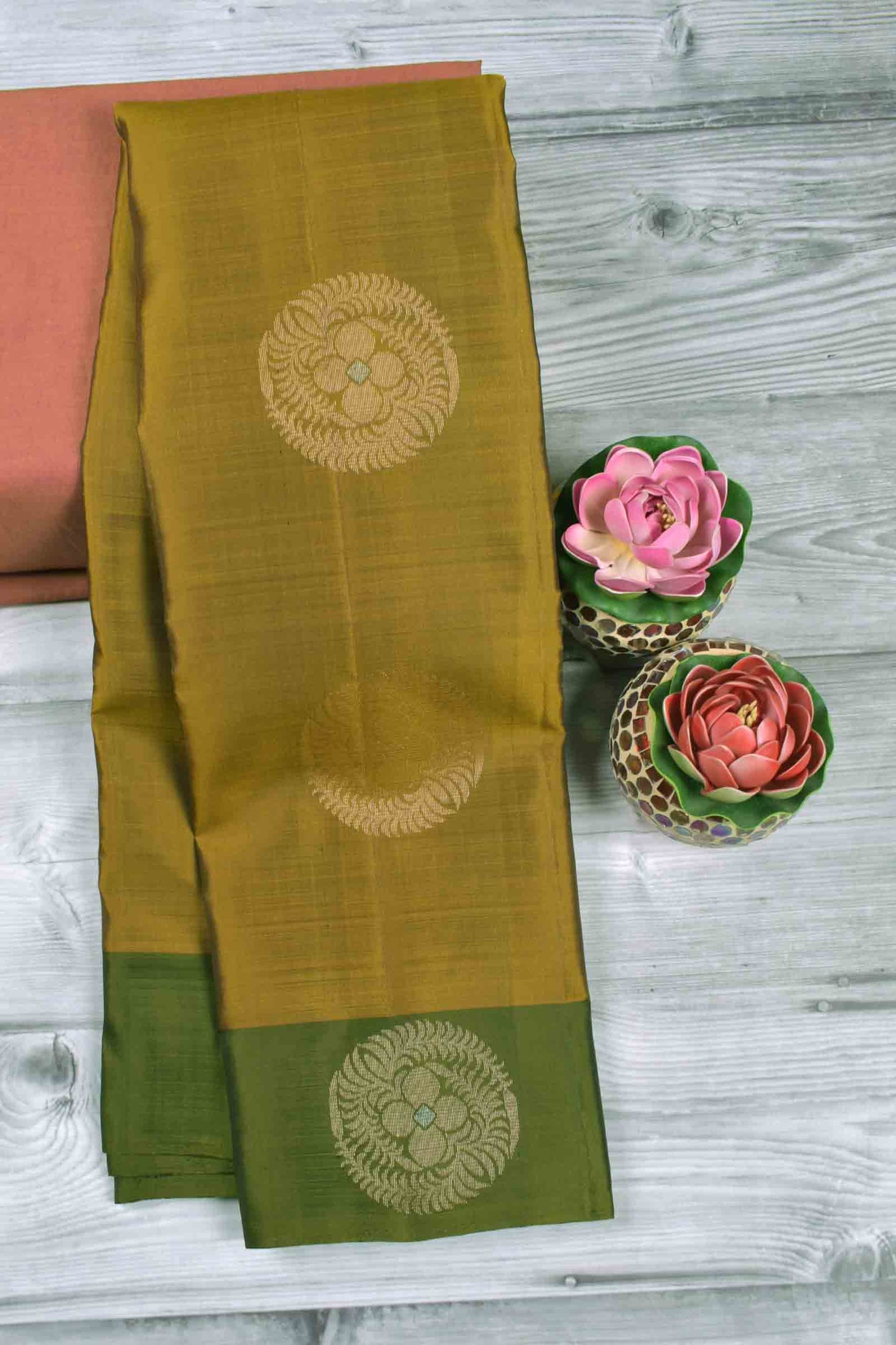 Olive Green Body Fancy  Butta Green Border Pallu Semi Soft Silk Saree